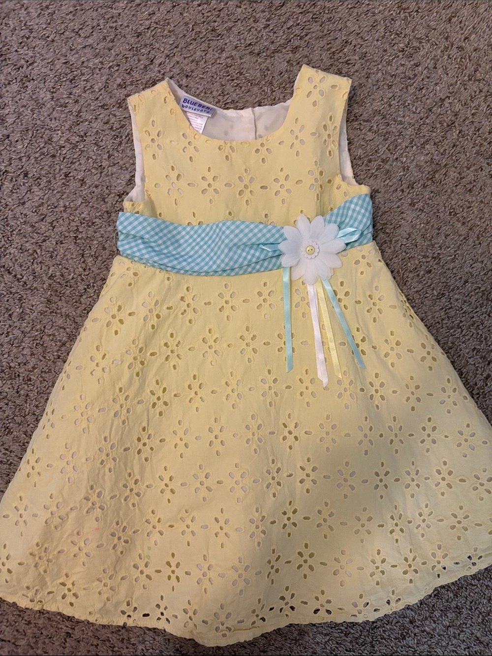 Blueberi Boulevard Yellow Eyelet Dress with Aqua Gingham Sash and Flower